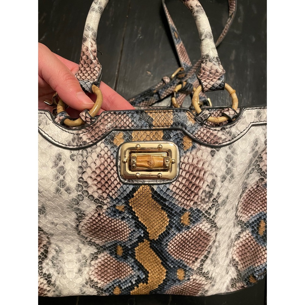 JustFab Womens Snakeskin Print Satchel Handbag Multi-Color Bamboo Detail - Picture 2 of 5